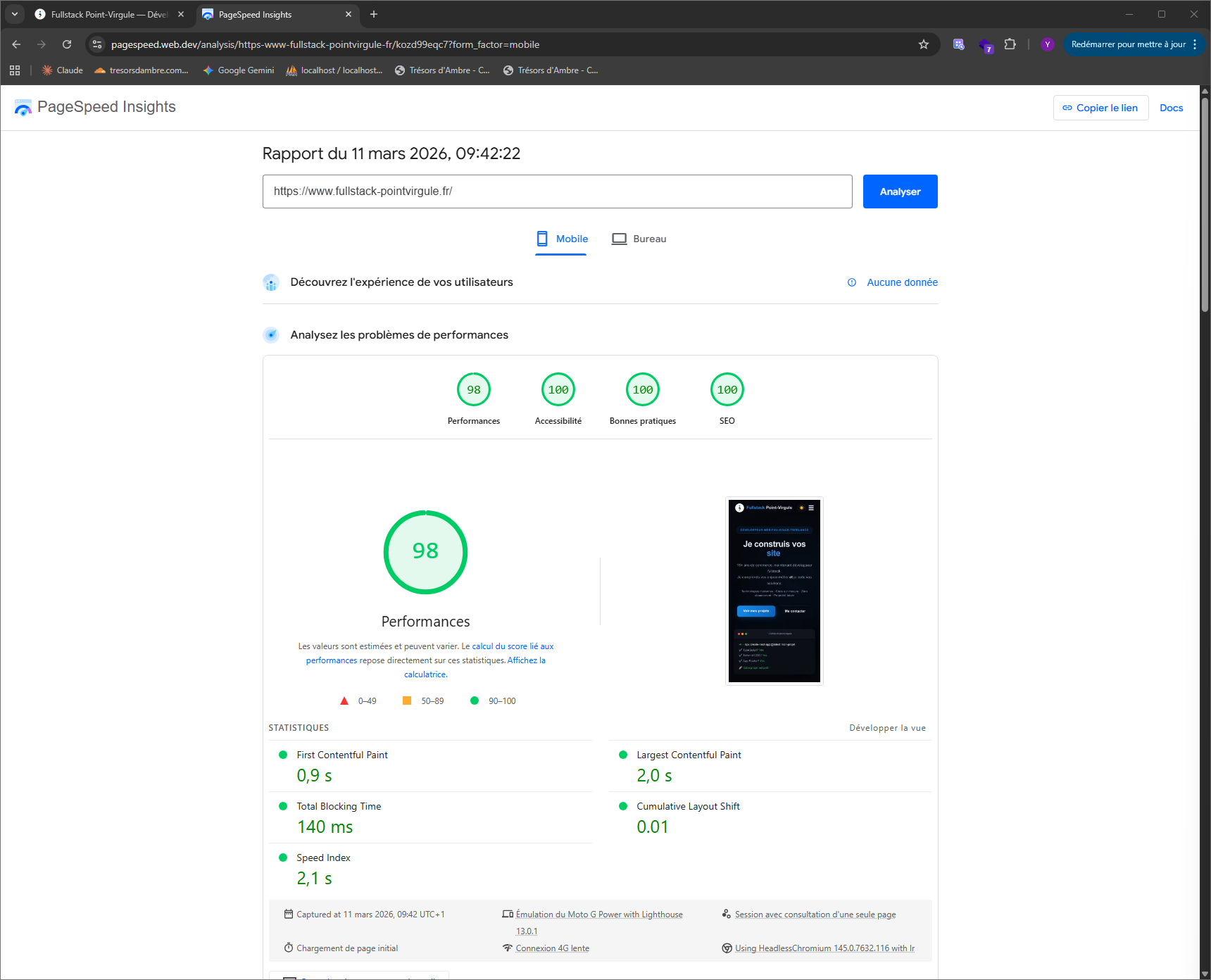 Rapport Lighthouse mobile - 98/100/100/100